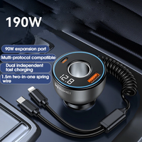 2-in-1 190W Car Lighter Charger Fast Charging with Retractable Data Cable Car Charge Adapter Socket USB Converter