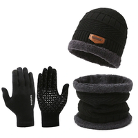 3pcs/set Women Men Winter Hat and Glove Sets Warm Knit Hat Snow Ski Skull Cap with Visor and Touch Screen Mittens Textin