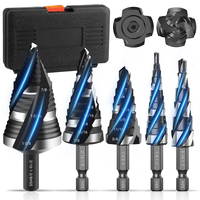5pcs HSS Spiral Step Drill Bit Set Four Flute 1/8 to 1-3/8 Inch High Speed Steel Hex Shank for Stainless Steel Aluminum