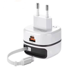 65W 3-Port USB Charger Come with Retractable Cable Type-C Cable+USB-A+Type-C Fast Charging Wall Charger Adapter EU Plug