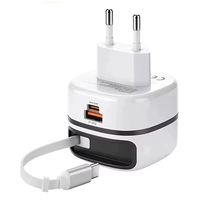 65W 3-Port USB Charger Come with Retractable Cable Type-C Cable+USB-A+Type-C Fast Charging Wall Charger Adapter EU Plug