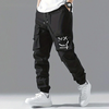 ChArmkpR Mens Black Pant Smile Face Print Multi Pocket Drawstring Waist Cargo Pants