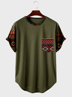 ChArmkpR Mens Ethnic Geometric Print Patchwork Chest Pocket Curved Hem T-Shirts