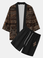 ChArmkpR Mens Ethnic Tribal Geometric Pattern Loose Kimono Two Pieces Outfits