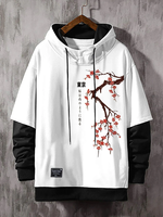 ChArmkpR Mens Hooded Japanese Cherry Blossoms Print Contrast Patchwork Drawstring Hoodies