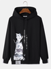 ChArmkpR Mens Hooded Sweatshirts Japanese Cat Print Contrast Patchwork Drawstring Hoodies