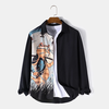 ChArmkpR Mens Japanese Cat Fish Print Patchwork Long Sleeve Shirts
