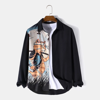 ChArmkpR Mens Japanese Cat Fish Print Patchwork Long Sleeve Shirts