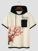 ChArmkpR Mens Japanese Floral Print Patchwork Short Sleeve Hooded T-Shirts