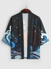 ChArmkpR Mens Japanese Wave Carp Floral Print Open Front Loose Kimono