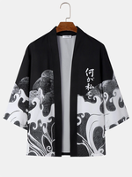 ChArmkpR Mens Japanese Wave Print Open Front Loose 3/4 Sleeve Kimono