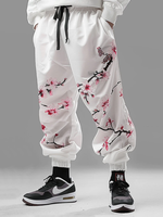 ChArmkpR Mens Pant Japanese Floral Print Drawstring Waist Loose Elastic Cuff Trousers