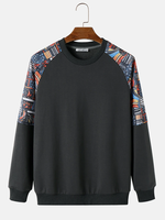 ChArmkpR Mens Pullover Hoodies Ethnic Pattern Patchwork Raglan Sleeve Round Neck Sweatshirts