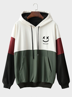 ChArmkpR Mens Smile Print Color Block Patchwork Kangaroo Pocket Hoodies Winter
