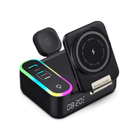 CYJ-12 15W RGB Wireless Charger Station with Retractable Cable Digital Clock Built-in USB-A+2USB-C PD QC3.0 Fast Chargin