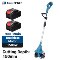 Drillpro Electric Cultivator 21V 1500W Brushless Motor 150mm Blade Diameter 150mm Cutting Depth 200mm Width 2 Batteries