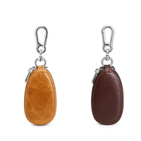 Ekphero Men Genuine Leather Mini Car Key Case Minimalist Zipper Key Holder Storage Bag for Men Double Layer Key Slot Bag