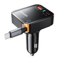 ESSAGER F760 65W 3-Port USB PD Car Charger Adapter with USB-A+Type-C+Type-C Retractable Cable Support PD3.0 QC3.0 AFC FC