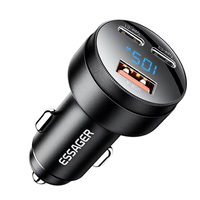 ESSAGER FSJ-008 105W 3-Port USB PD Car Charger Adapter USB-A+2USB-C PD PPS Fast Charging with Blue LED for iPhone 16 16P