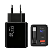 [GaN Tech] XY-1065 65W 2-Port USB PD Digital Display Charger with Type-C Retractable Cable PD Fast Charging Wall Charger