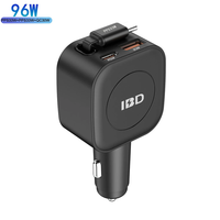 IBD 3 in 1 Multi-Port 96W Car Charger with Retractable Cable Fast Charging Type C PD30W USB QC30W PPS33W for for iPhone