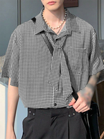 INCERUN Men Shirts Fashion Check Print Lace Up Lapel Shirt with Side Pocket Top Casual Daily Men Clothing