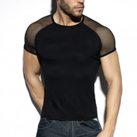 INCERUN Men T-Shirt Contrast Mesh Patchwork Crew Neck Short Sleeve Black T-shirt