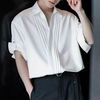 INCERUN Mens Asymmetrical Pleated Short Sleeve Shirt Casual Solid Color Lapel Top for Male