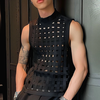 INCERUN Mens Burn out Mesh Striped Sleeveless Tank Black Sheer Mesh Sleeveless Crew Neck Top