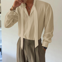 INCERUN Mens Deconstructed Tie-Detail Long Sleeve Shirt Fashion Solid Color Button Lapel Top Shirts for Male