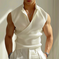 INCERUN Mens Minimalist Solid Color Textured Tank Fashion Lapel V-neck Sleeveless Top for Male