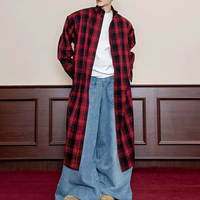 INCERUN Mens Plaid Patchwork Long Sleeve Shirt Fashion Classic Checkered Lace Up Strap Long Shirt for Men