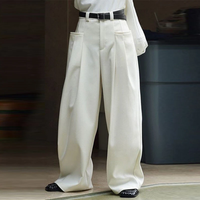 INCERUN Mens Solid Pleated Design Casual Straight Pants Casual Comfortable Wide Legged Long Pant with Pockets