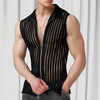 INCERUN Mens Striped See Through Lapel Collar Vest Comfortable Black Zipper Sleeveless Tank Top for Male