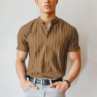 INCERUN Mens Striped Stand Collar Short Sleeve Shirt Button Up Lapel Casual Top Male Plus Size S-5XL