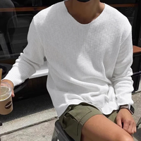 INCERUN Mens Striped V-Neck Long-Sleeve T-Shirt Comftable Solid Color Loose Fit Soft Tshirt Male Plus Size S-5XL