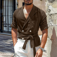 INCERUN Mens Suit Lapel Design Belt Long Sleeve Shirt Casual Solid Color Lapel Top Shirt Plus Size,  Spring Fall Men