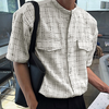 INCERUN Mens Tweed Check Short Sleeve Shirt Fashion Crew Neck Button Up Shirt Top for Male