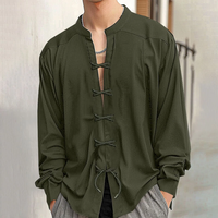 INCERUN Mens V Neck Long Sleeve Shirt Fashion Solid Color Lace Up Top Shirt for Male