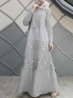 Lace Stitching A-Line O-Neck Solid Color Long Sleeve Muslim Dress Abaya Kaftan For Women
