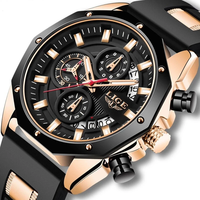 LIGE Men Watches with Silicone Strap Waterproof Chronograph Quartz Watch Luminous Calendar Sports Wristwatch