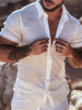 Men Lace Floral See Through Short Sleeve Lapel Collar Shirt