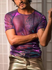 Men Shiny Shimmer Sheer Mesh See Through Short Sleeve T-Shirt