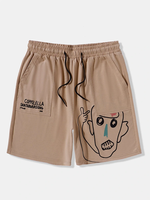 Mens Abstract Figure Letter Print Drawstring Waist Shorts