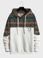 Mens Argyle Pattern Smile Embroidered Patchwork Loose Drawstring Hoodies