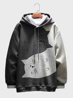 Mens Cartoon Cat Print Patchwork Loose Drawstring Hoodies
