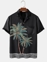 Mens Coconut Tree Print Revere Collar Vacation Short Sleeve Shirts