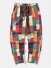 Mens Color Block Patchwork Drawstring Waist Straight Pants