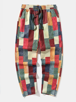 Mens Color Block Patchwork Drawstring Waist Straight Pants