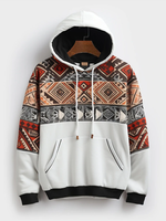 Mens Ethnic Geometric Print Patchwork Contrast Kangaroo Pocket Hoodies